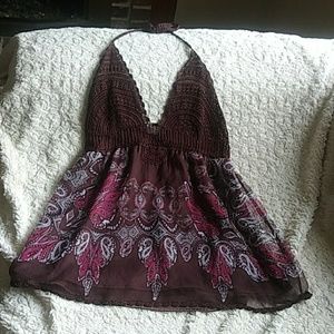 bebe Silk Brown Paisley Halter Top Sz S